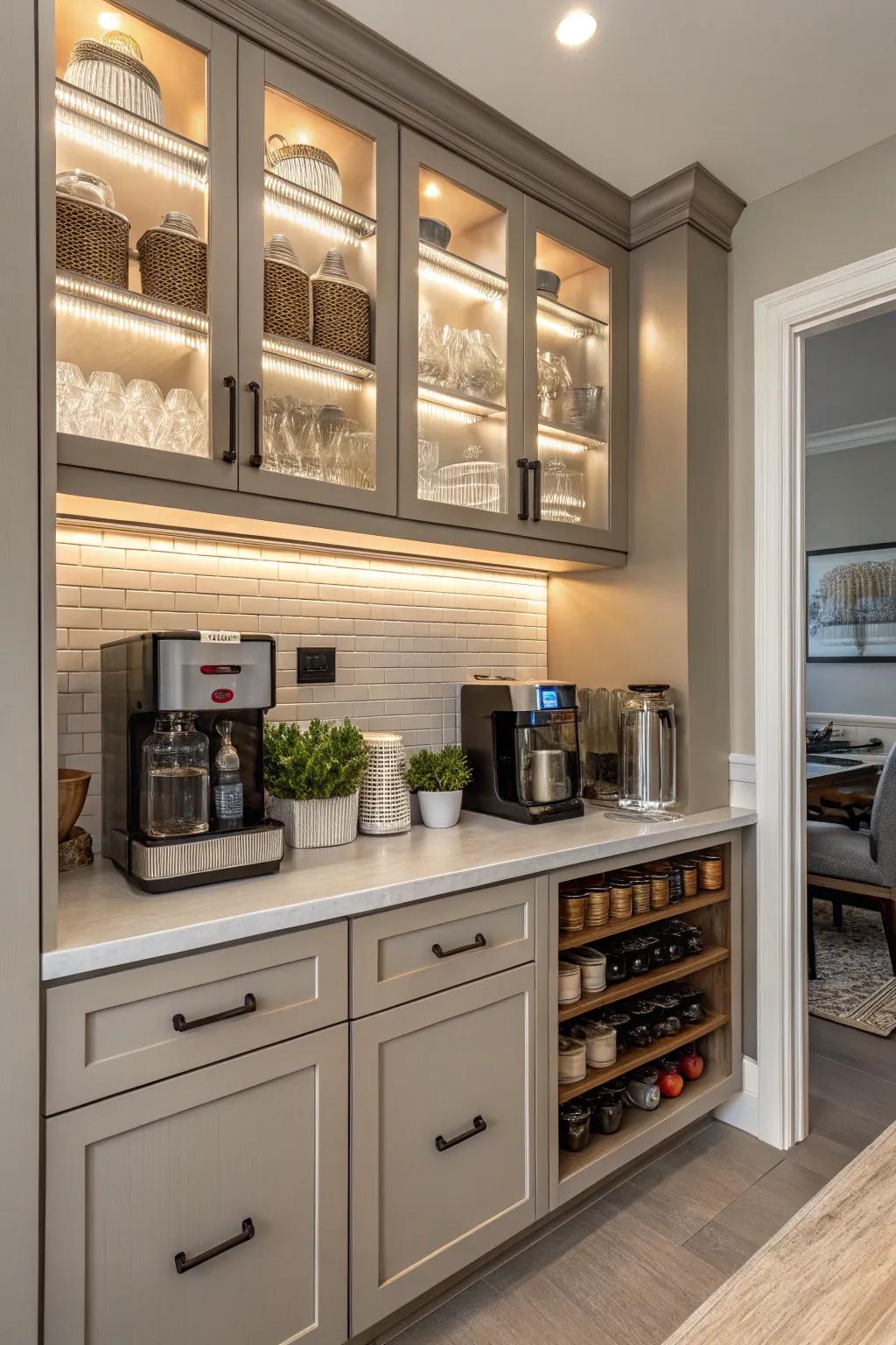 A streamlined coffee station with custom cabinets.
