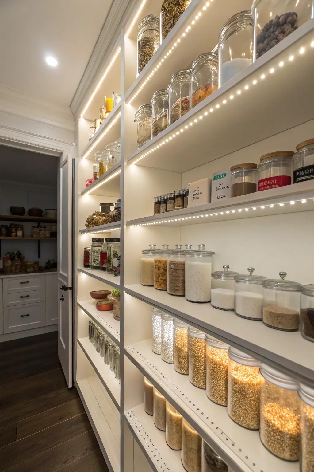 Under-shelf lighting boosts visibility and style.