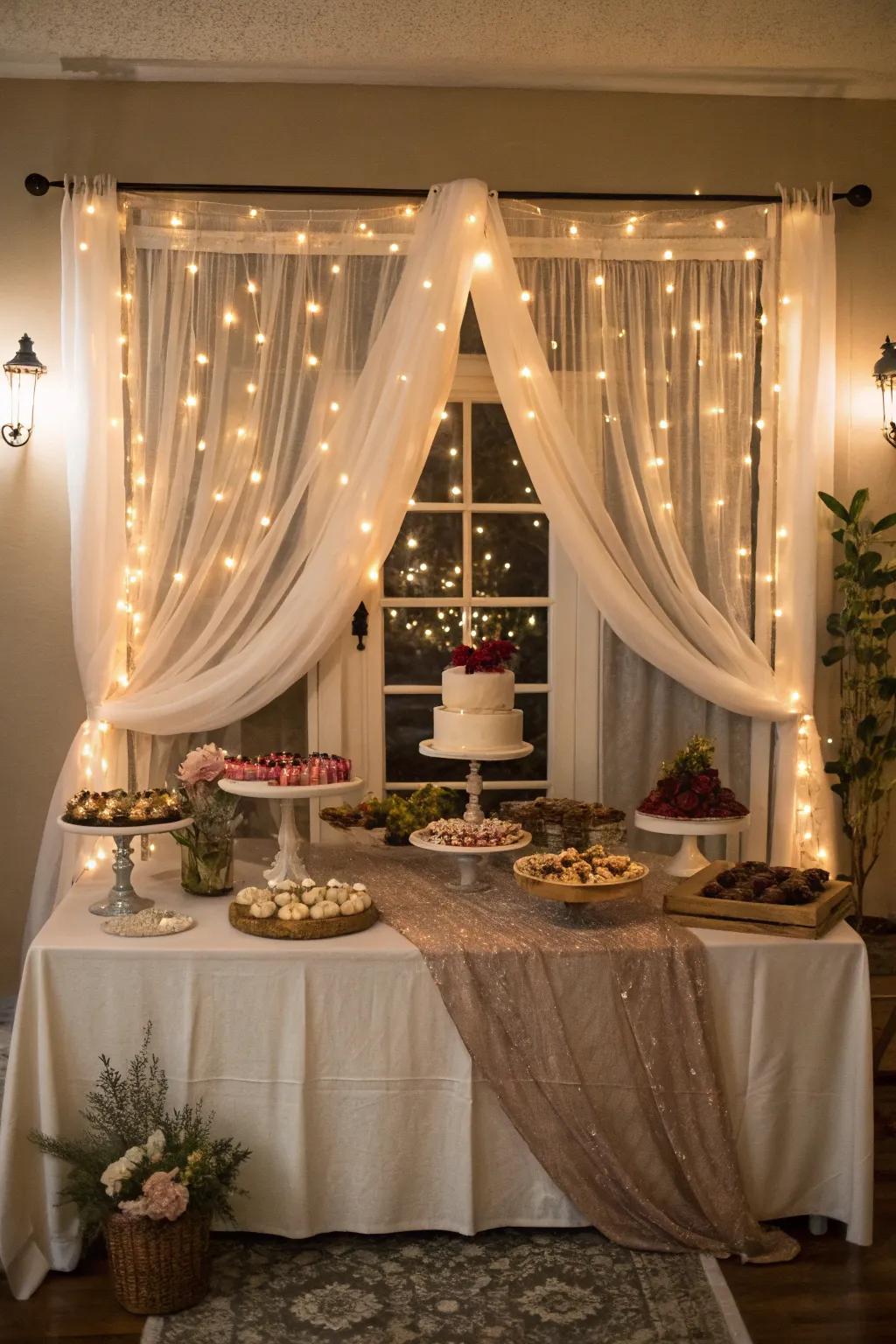 An artful display of fabric and luminous lights enhancing the dessert table's charm.