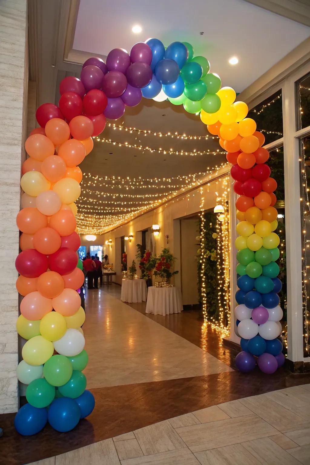 A celebratory balloon arch introduces vibrancy and excitement to any party entrance.
