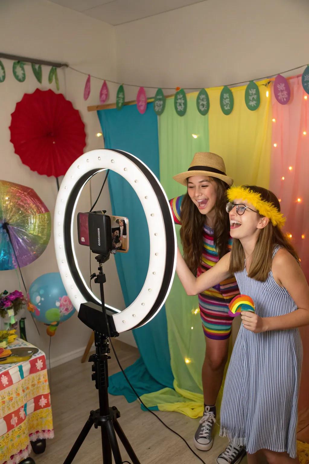 Teens laughing at a craft-your-own photo spot, complete with vibrant accessories and a lively backdrop.