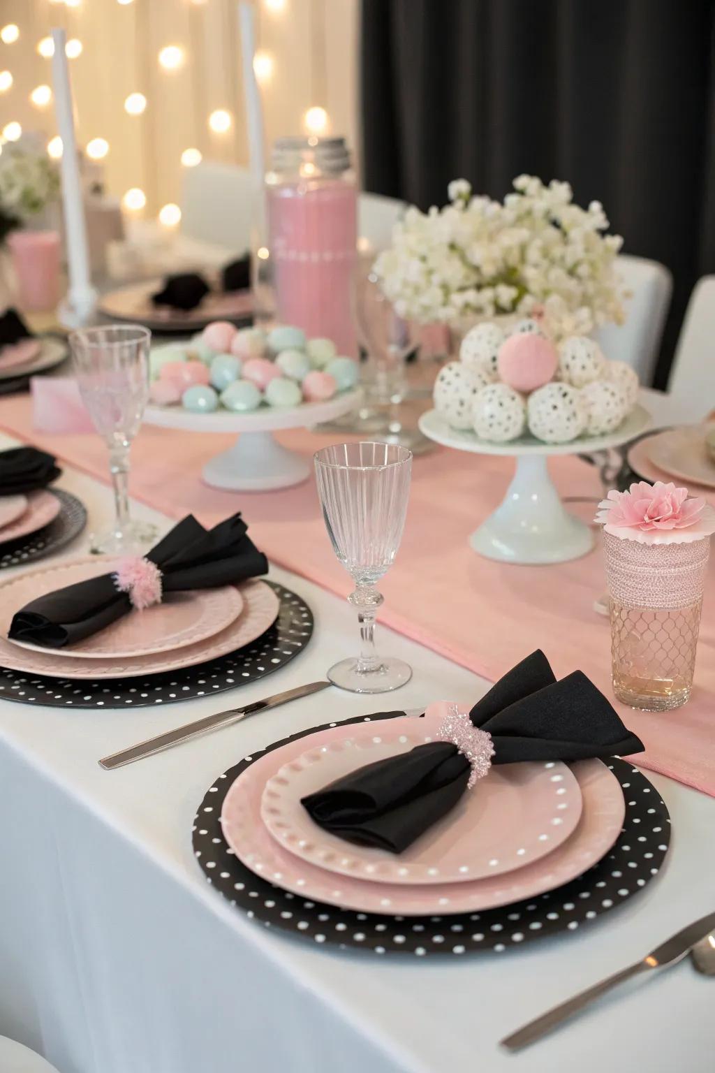 A party table designed with a striking black and white theme, highlighted with pastel accents