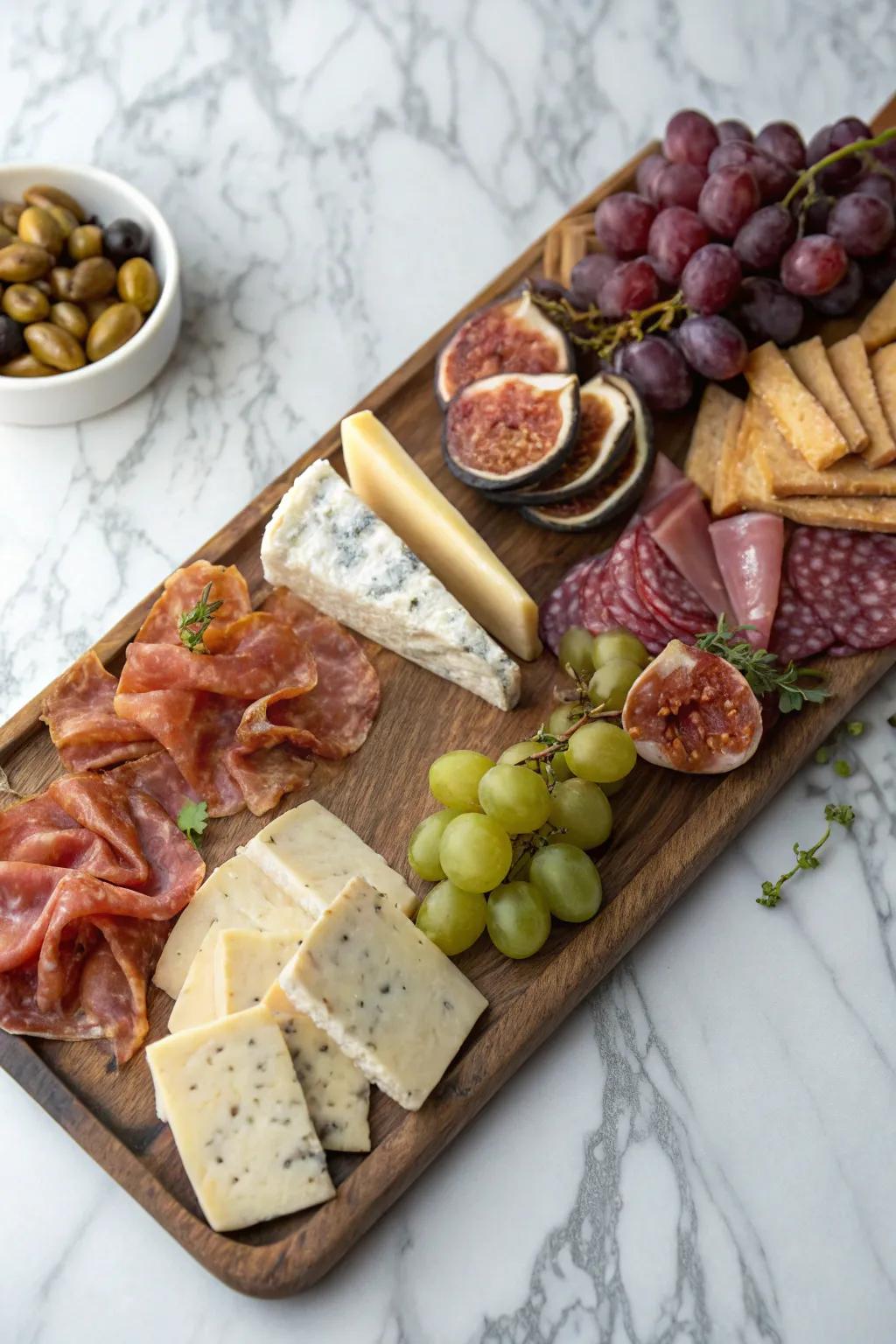 A classic cheese and charcuterie board loaded with gourmet delights.