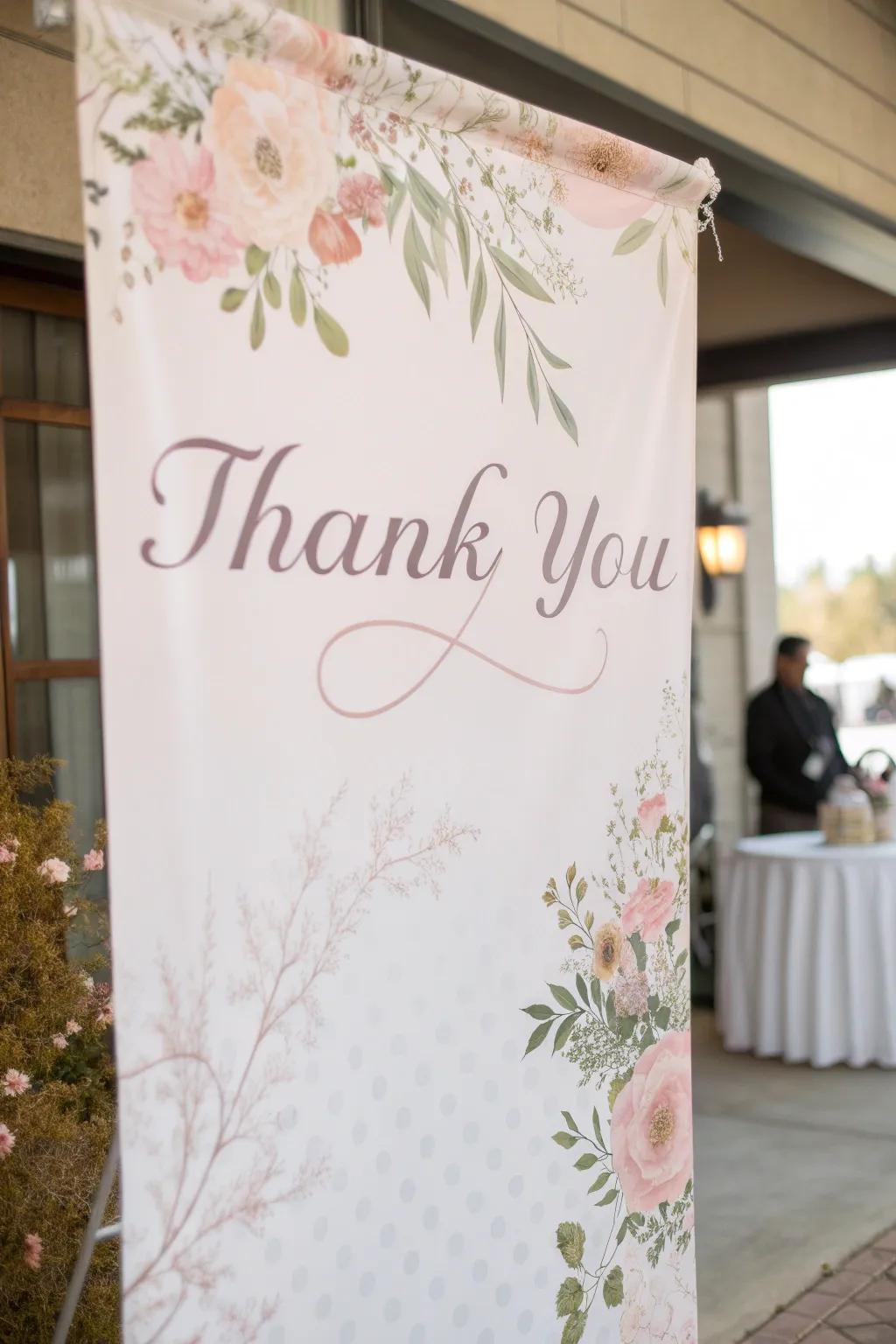 An elegant thank you banner enhanced with floral elements.