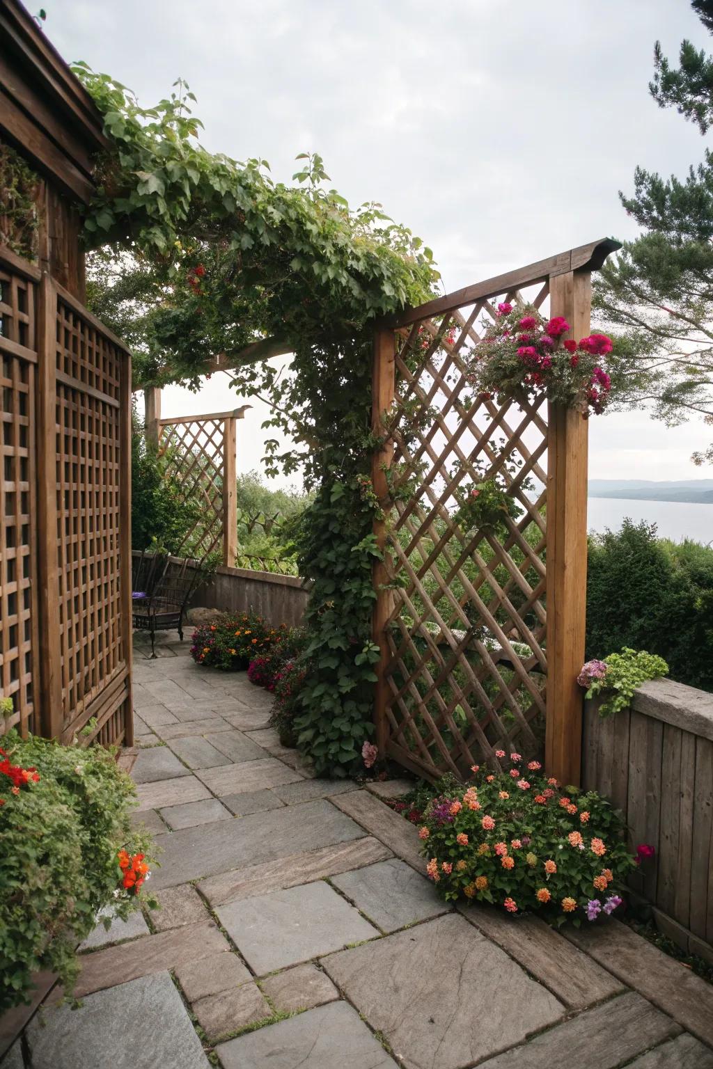 Timber fretwork seclusion displays fashion an isolated and private patio haven.