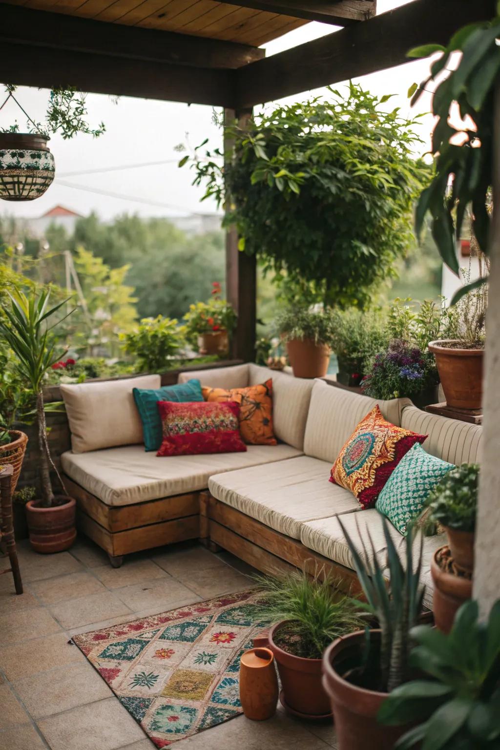 A cozy nook featuring a sectional sofa and colorful pillows.