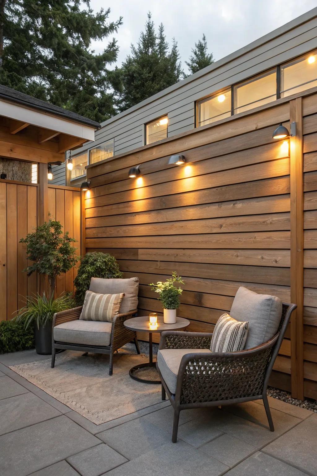 A chic patio featuring horizontal redwood wood strips.