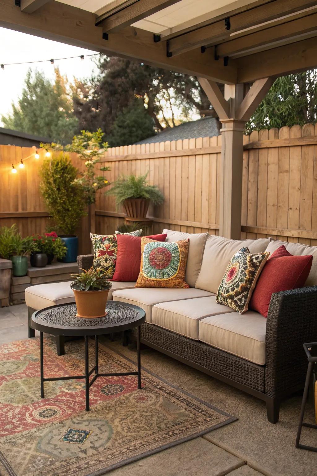 A snug corner featuring comfortable seating and lively cushions.