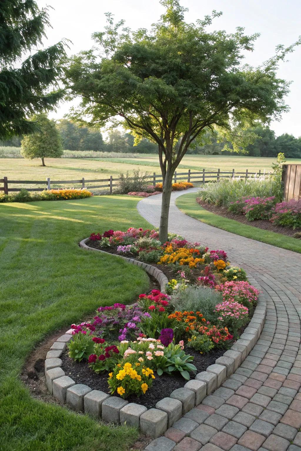 Curved paver flower beds bring an element of grace to any garden setting.