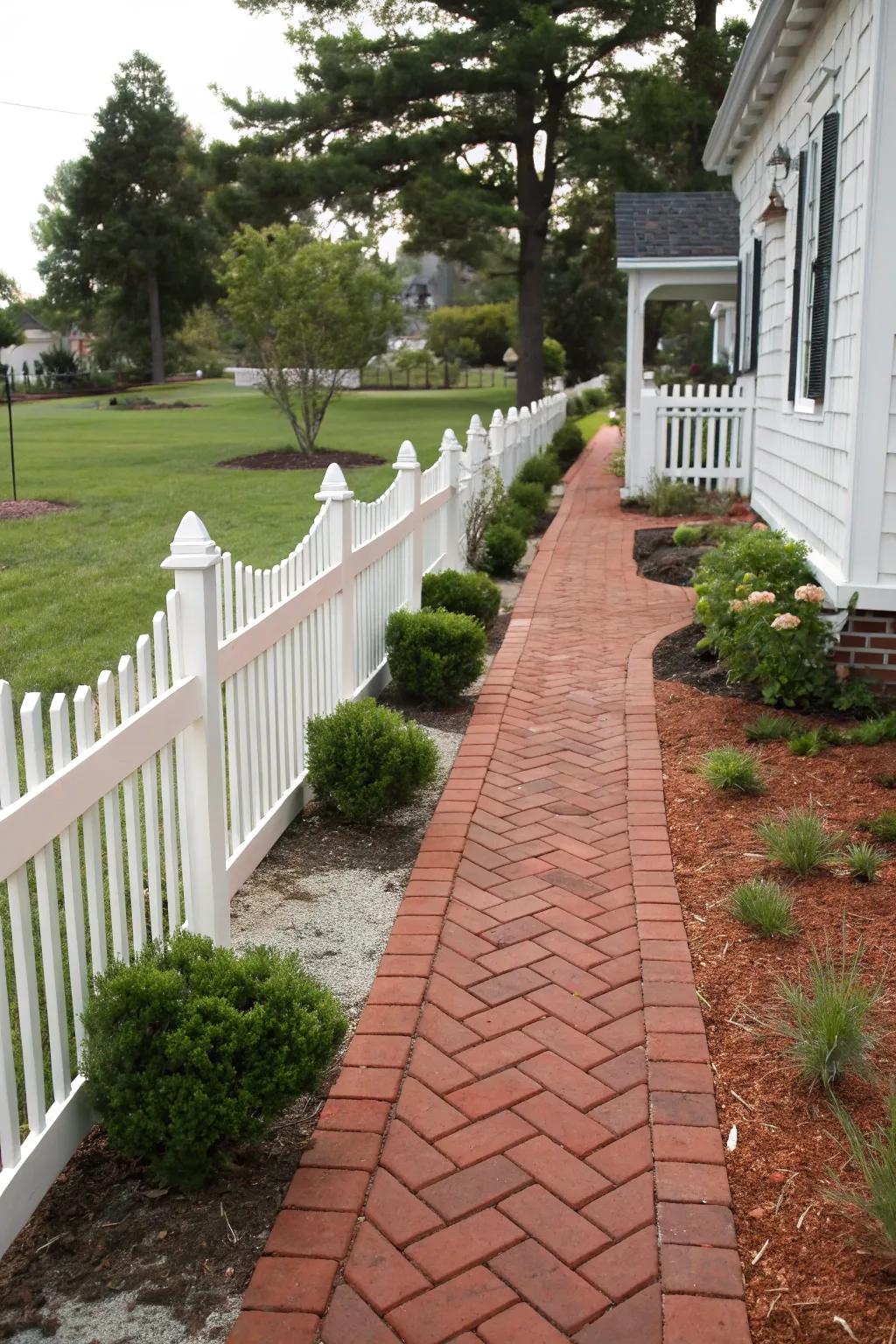 A classic red brick paver walkway nestled in a charming suburban landscape.