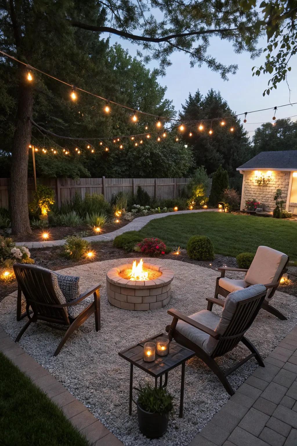Elevate your evenings with a small stones fire pit area.
