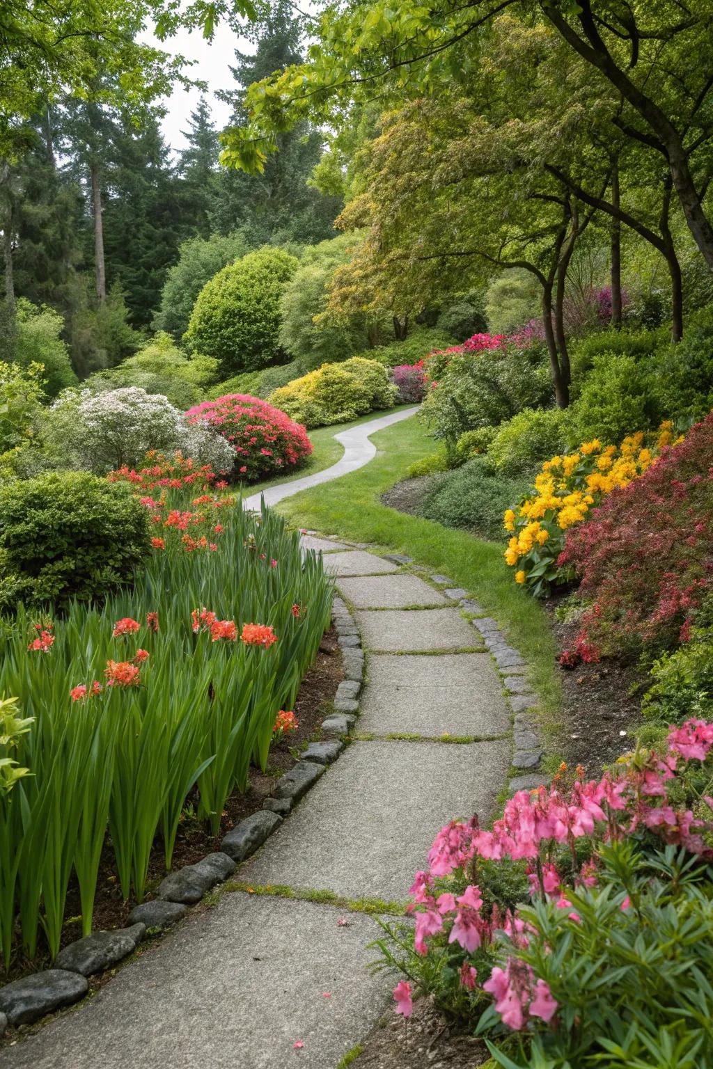 A curving stone pathway beckons you to explore nature.