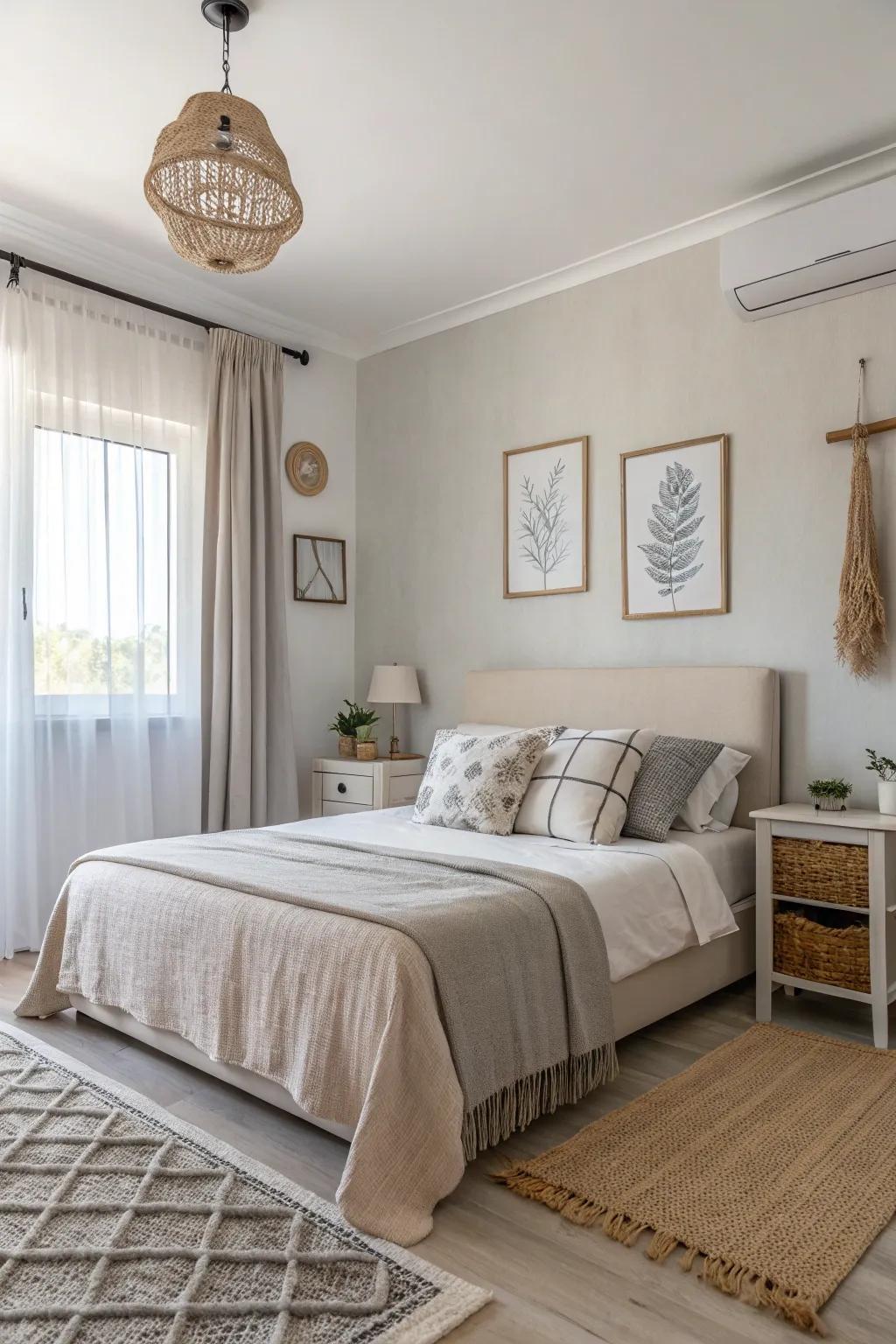 A bedroom showcasing a neutral color scheme, delivering a tranquil and minimalist layout.