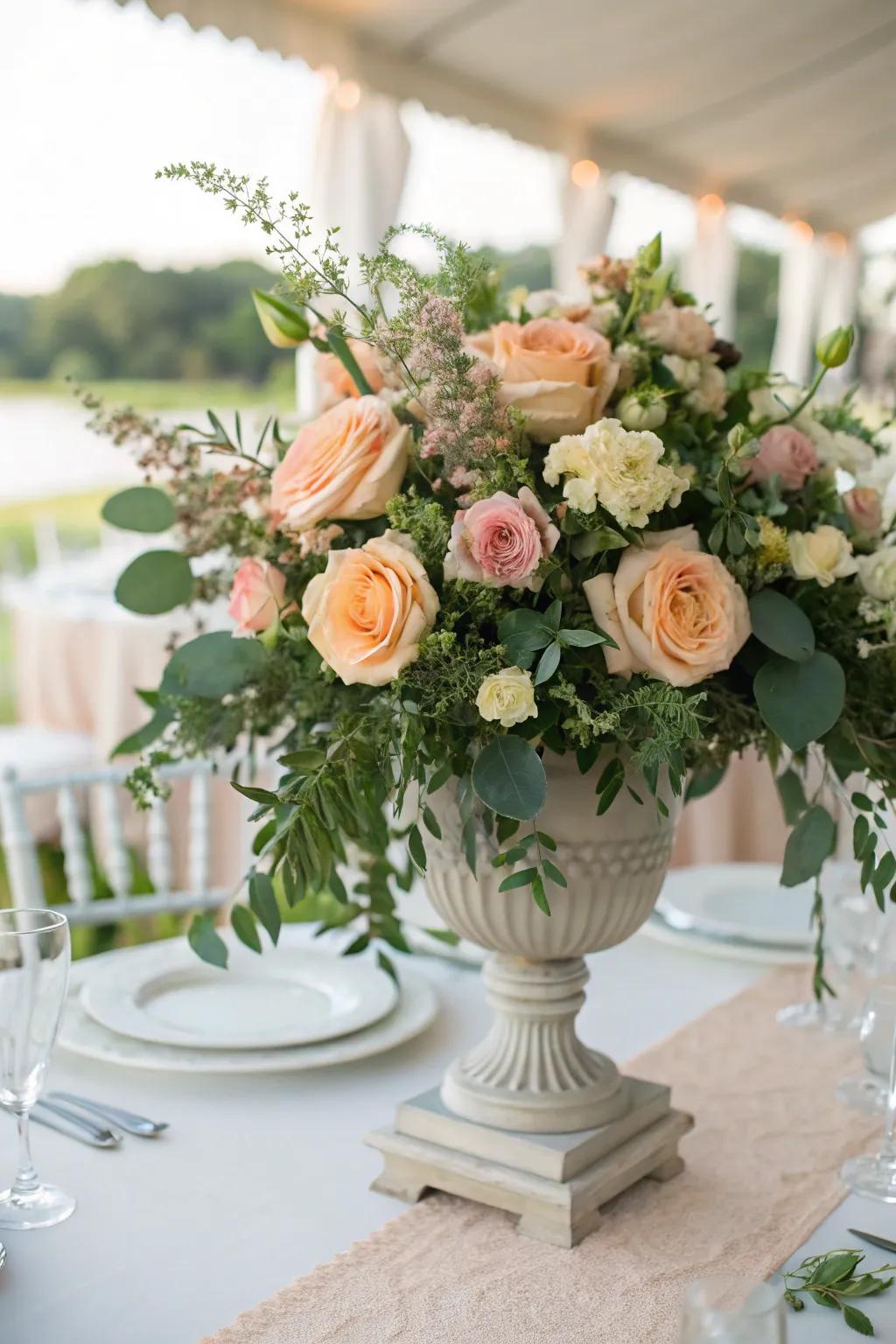 Abundant peach and verdant botanical display designed to charm those present.