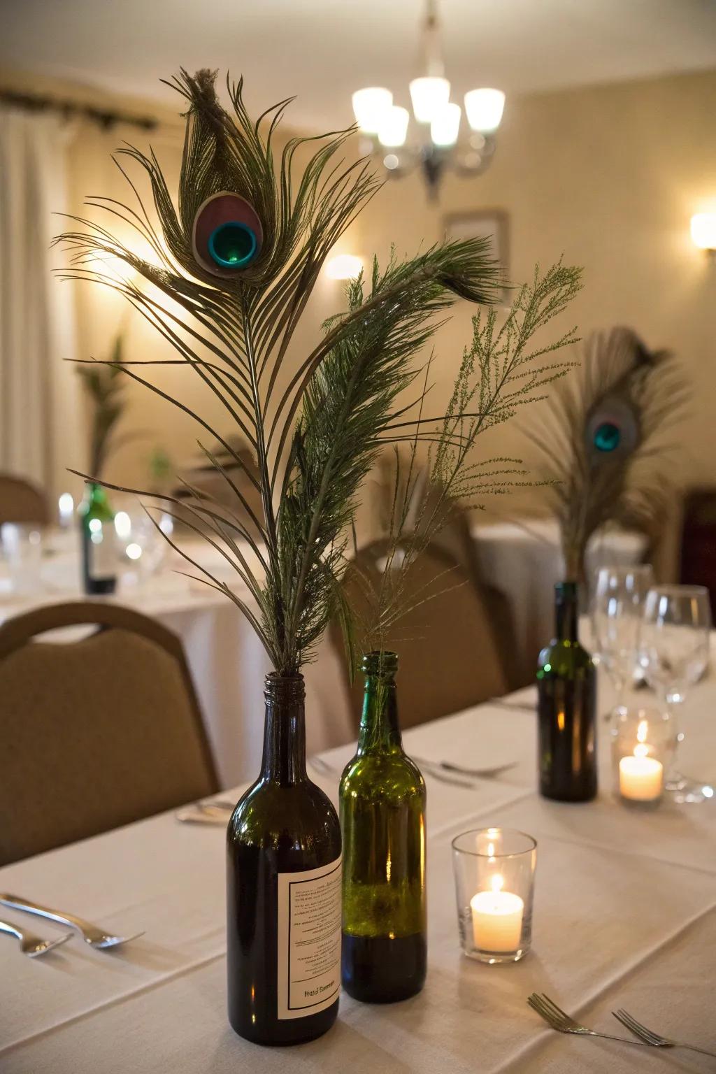 Wine bottles beautifully converted into vases with avian plumes.