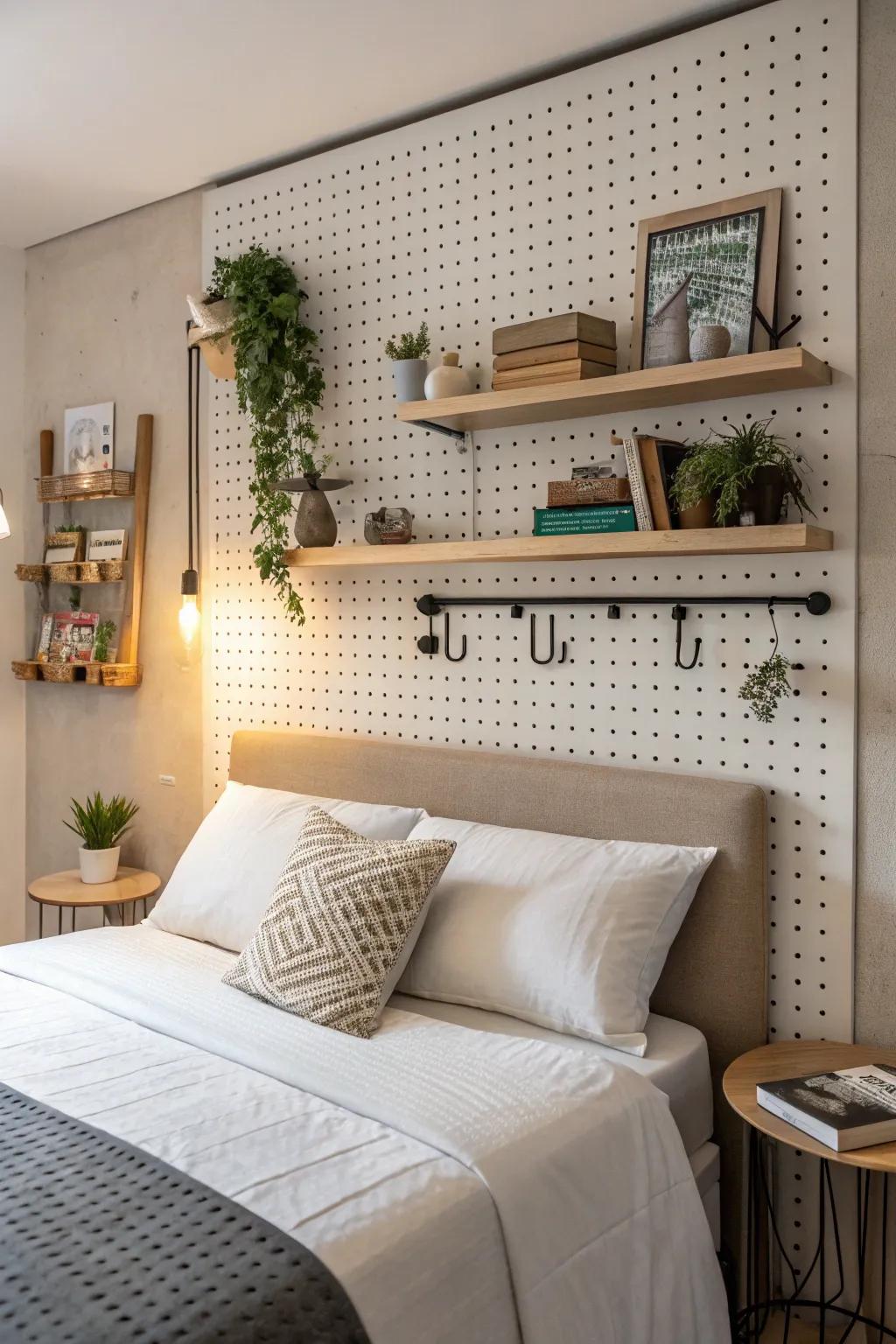 A pegboard headboard acts as a fashionable storage solution.