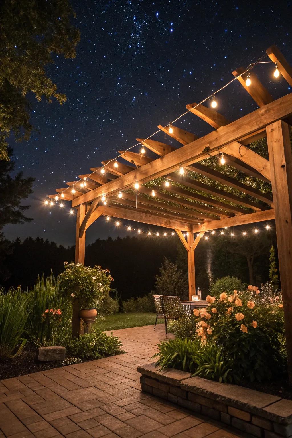 Twinkling lights give your pergola a magical touch, perfect for relaxing at night.