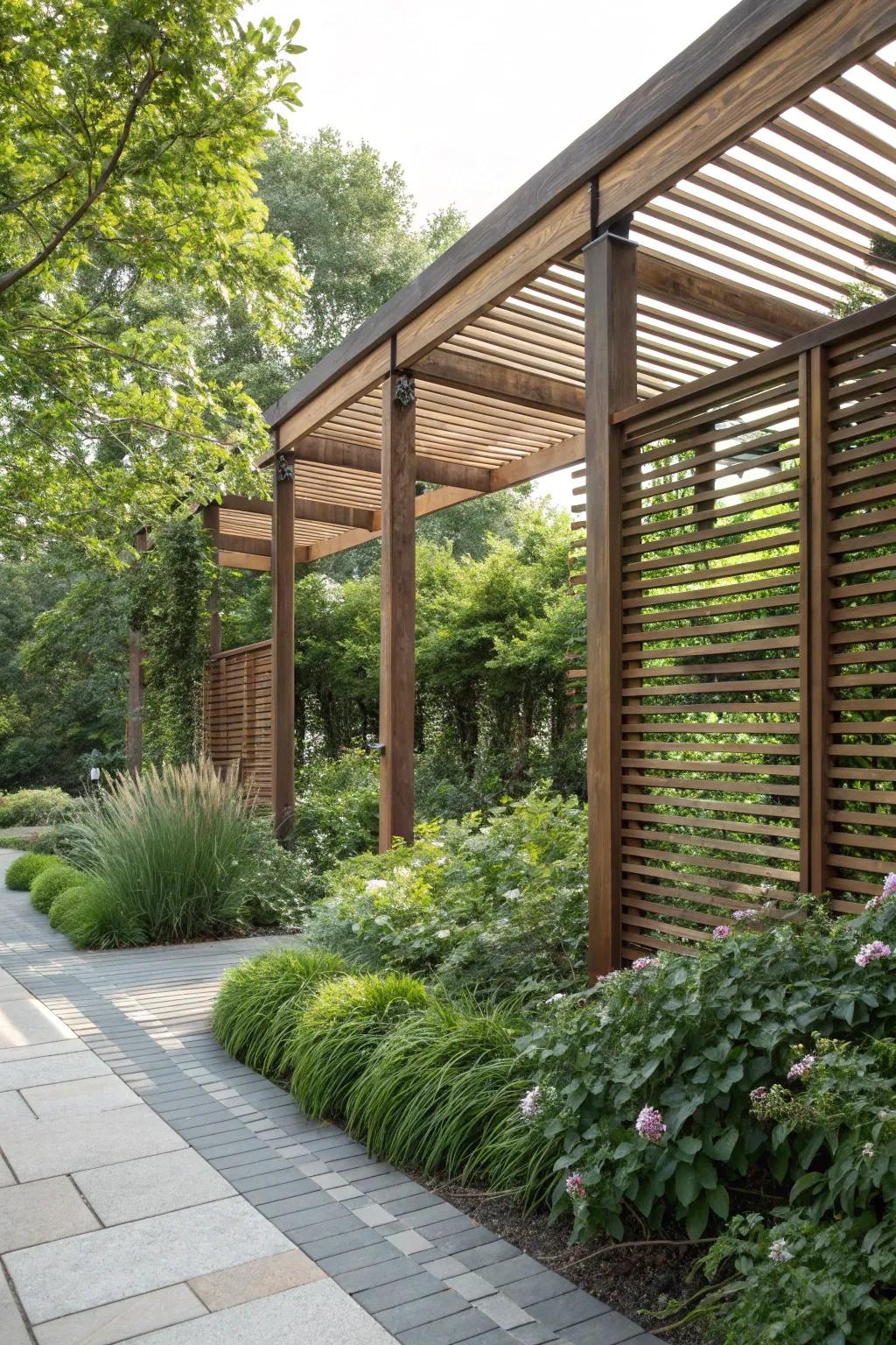 Wooden slat screens infuse any pergola with organic warmth and privacy.