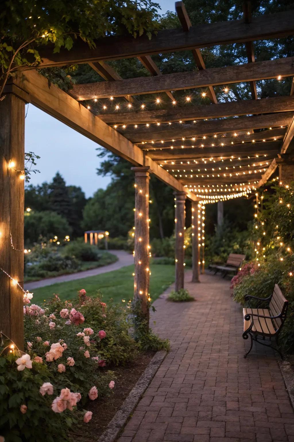 Craft a welcoming atmosphere by draping string lights around your pergola supports.