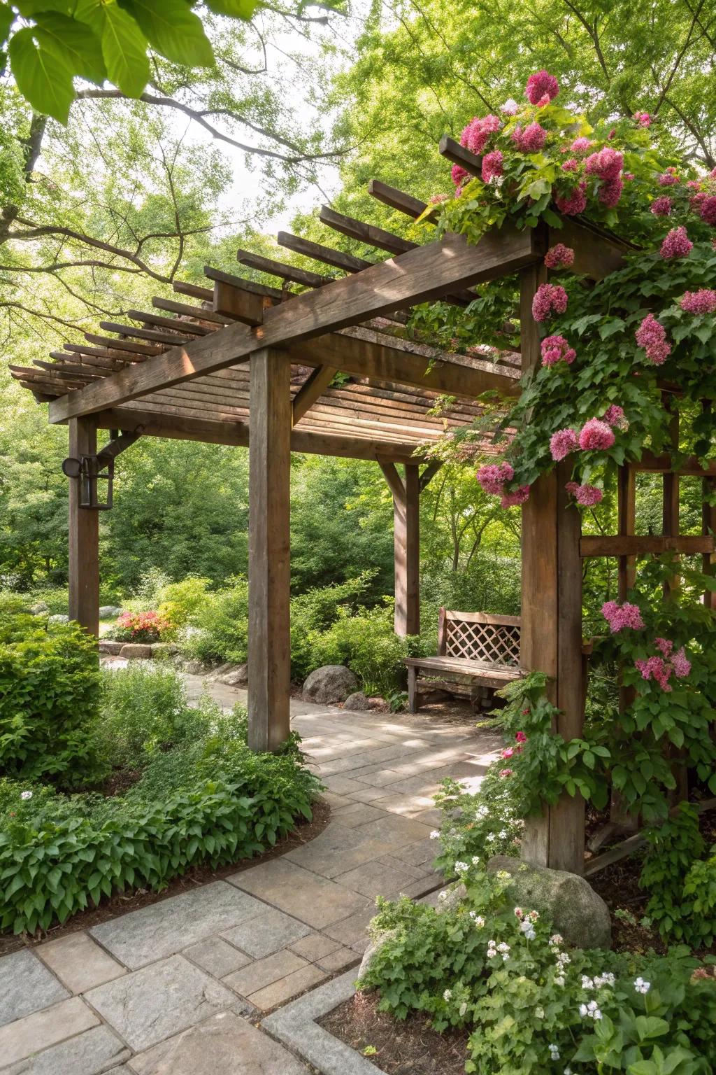 A structure with a solid timber overhead delivers full protection in a vibrant garden.