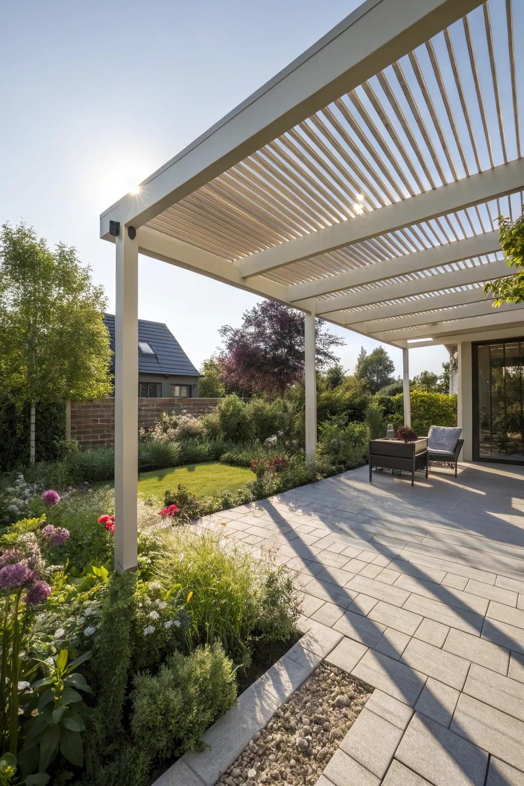 A louvered roof provides adjustable sunlight and shade.
