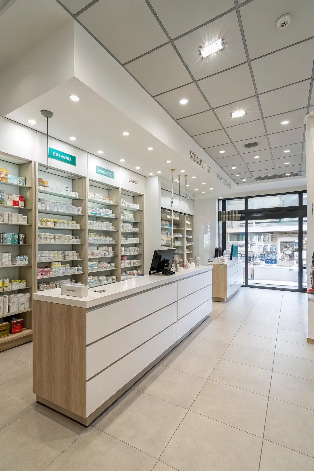 A pharmacy that features a modern, minimalist design ethos