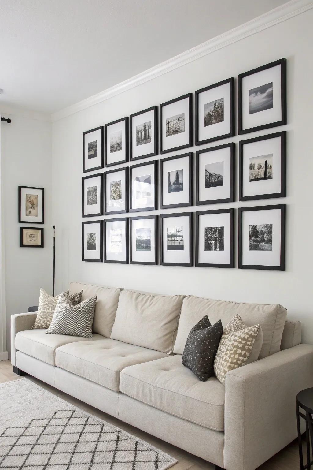 A symmetrical grid photo wall offering structure and flair to a modern lounge.