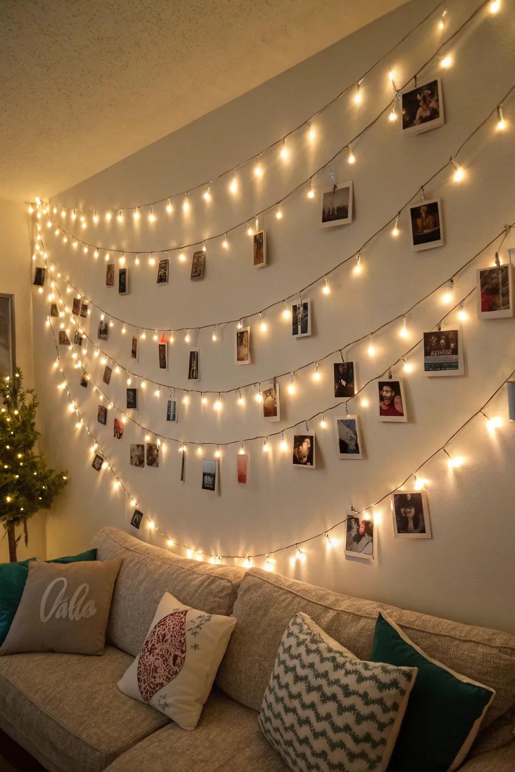 Create a cascading photo display with string lights.