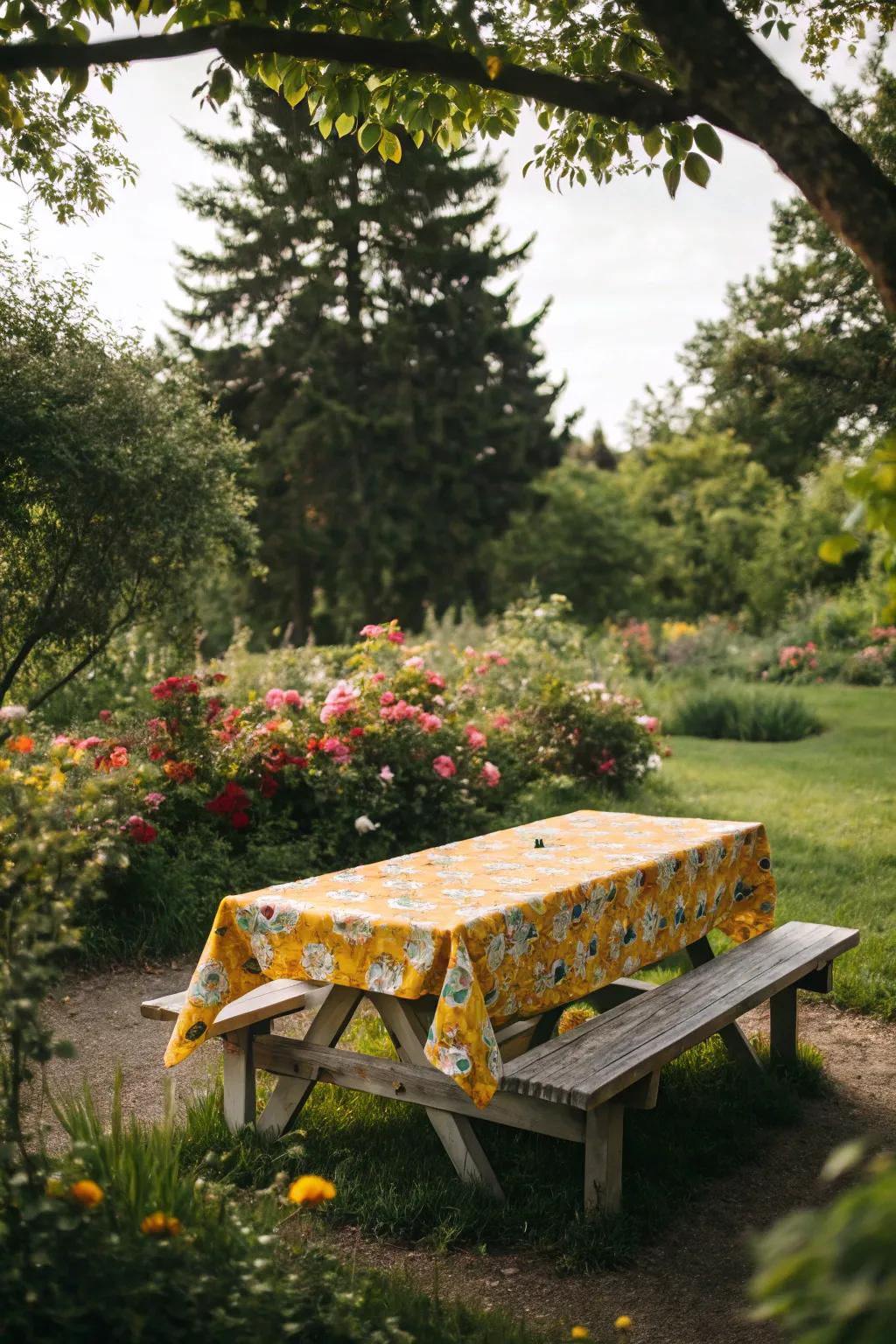 A lively tablecloth brings a burst of color to this garden picnic scene.