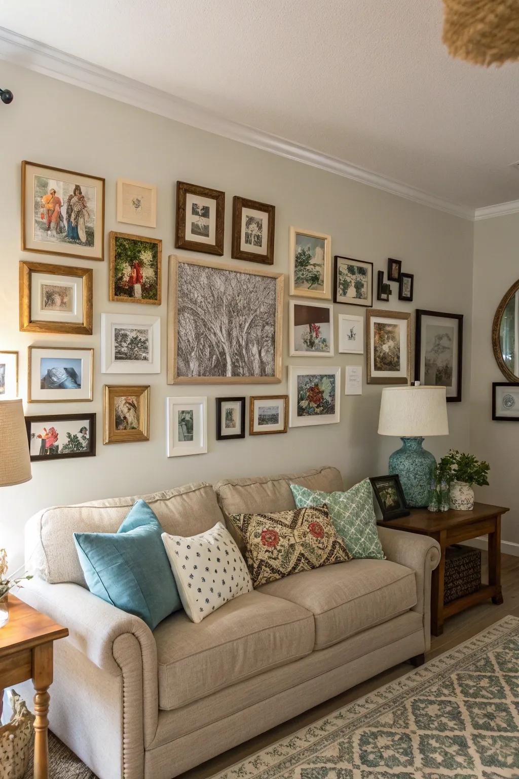 An engaging gallery wall, weaving together personal history through art and memories.