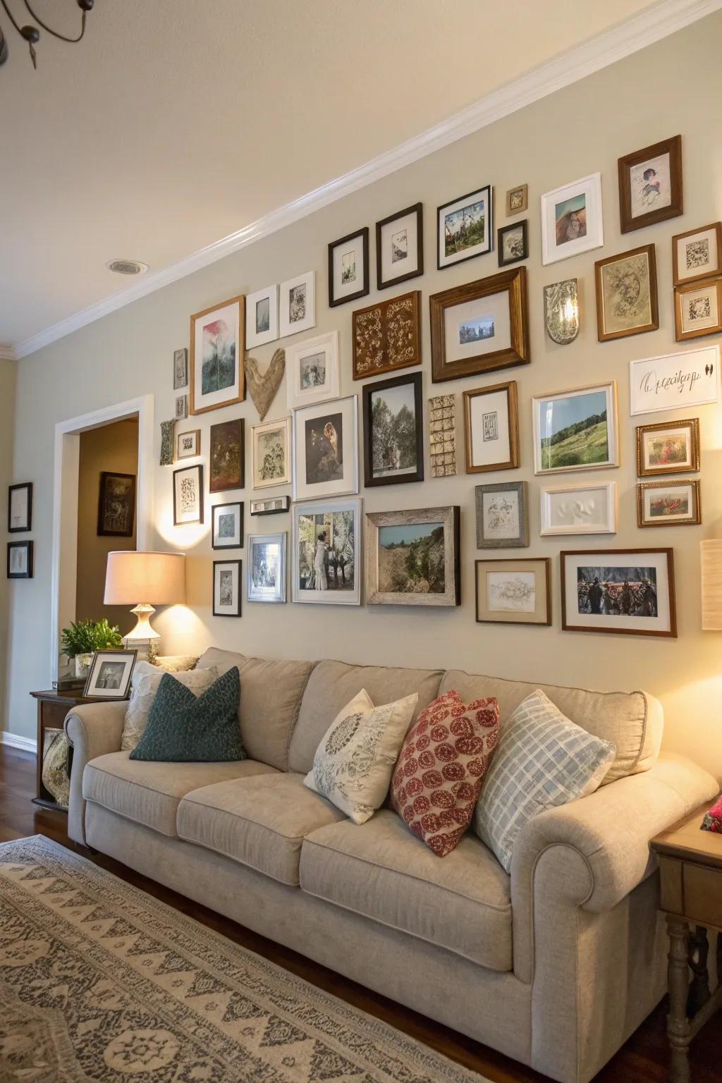 A bespoke gallery wall showcases a delightful blend of art and cherished photographs.