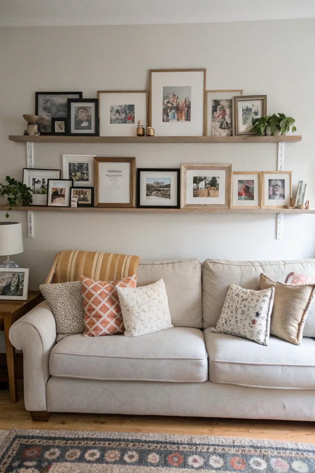 A living room display ledge showcases family photos and art above a couch.