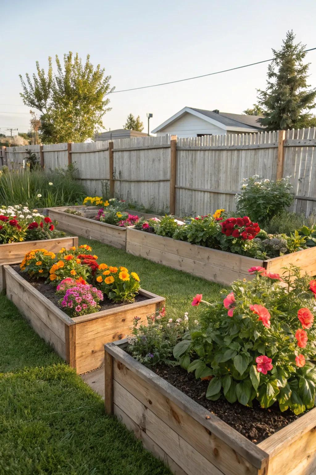 Savor the allure of classic wooden raised beds in your garden.