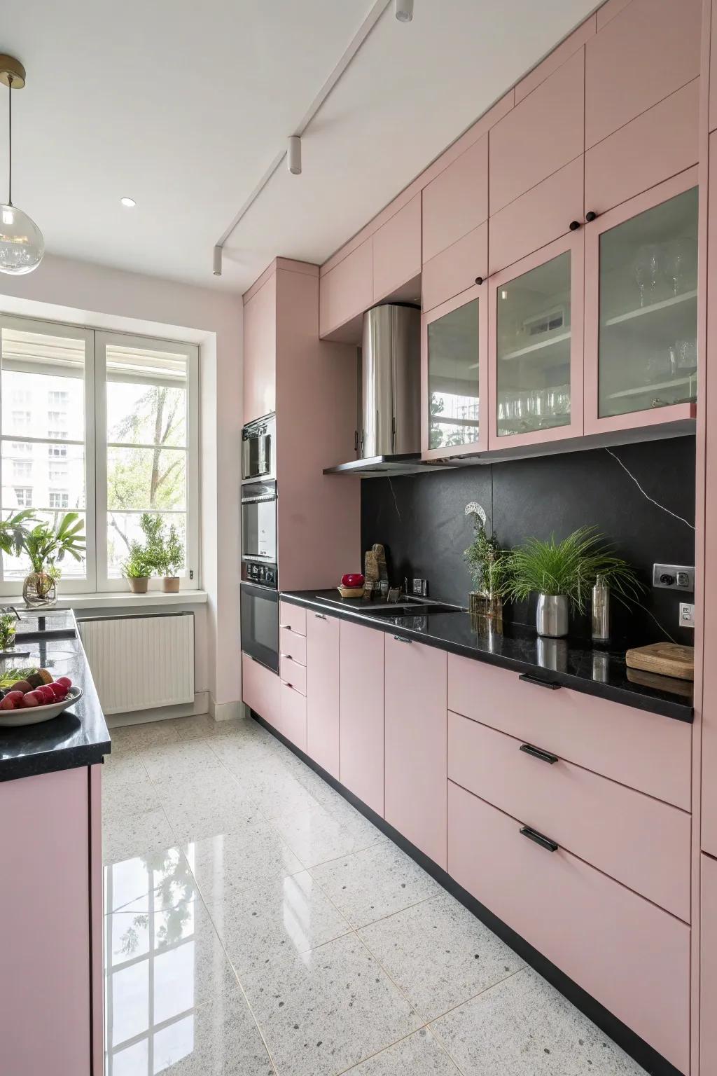 Eye-catching rose-tinted cupboards, offset by deep worktops, generate an amazing visual contrast.