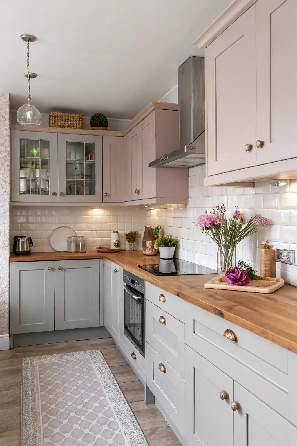 A tranquil kitchen showcasing soft pink and gentle grey shades.