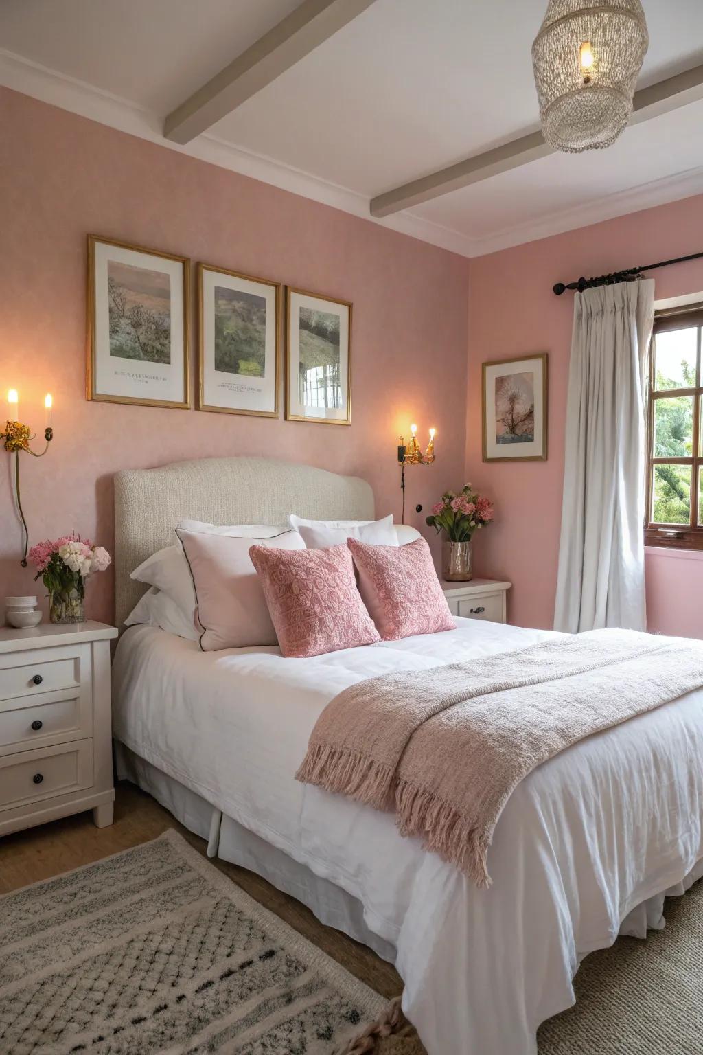 Welcome the serenity of roseate and ivory for a restful room escape.