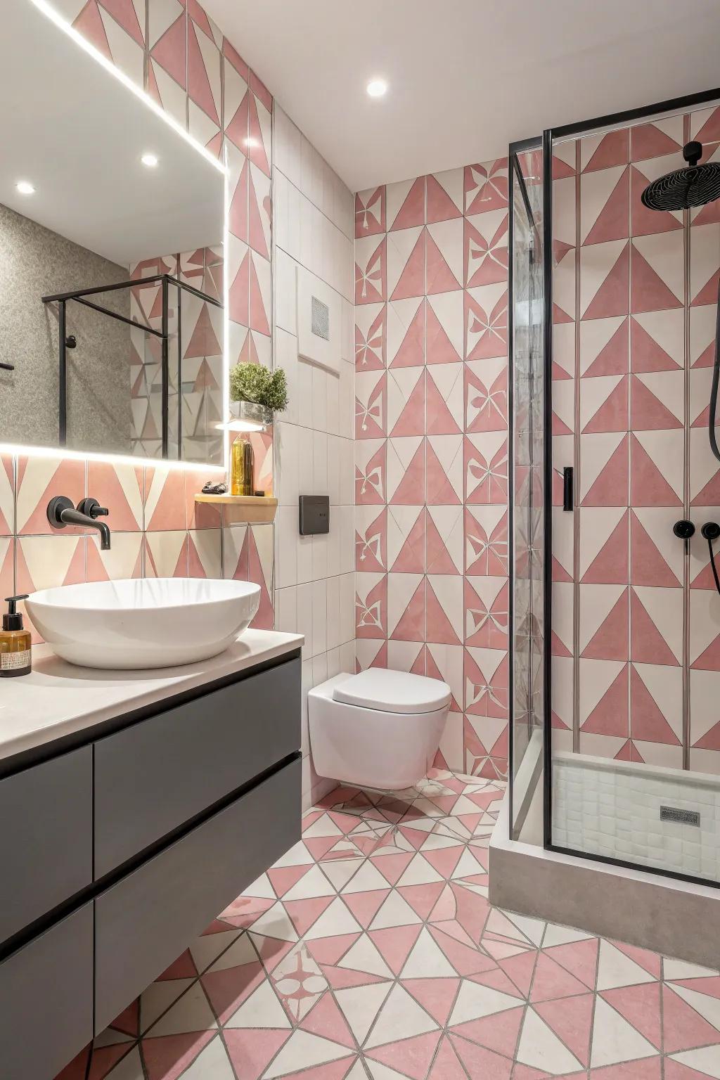 Complex rose tiles contribute a lively element to this washroom.