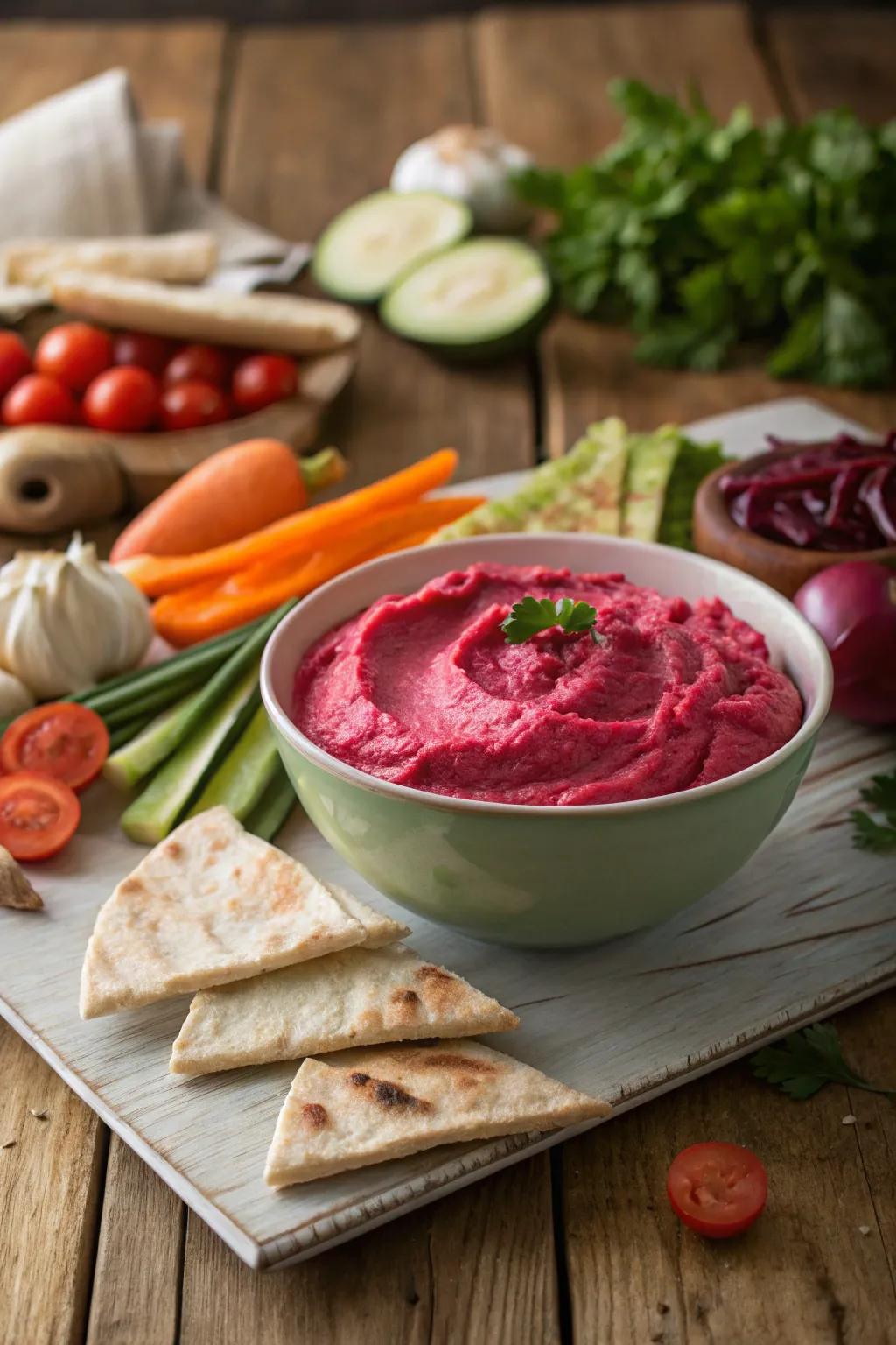 Rosy beet delight presented alongside fresh veggies is a visually appealing appetizer.
