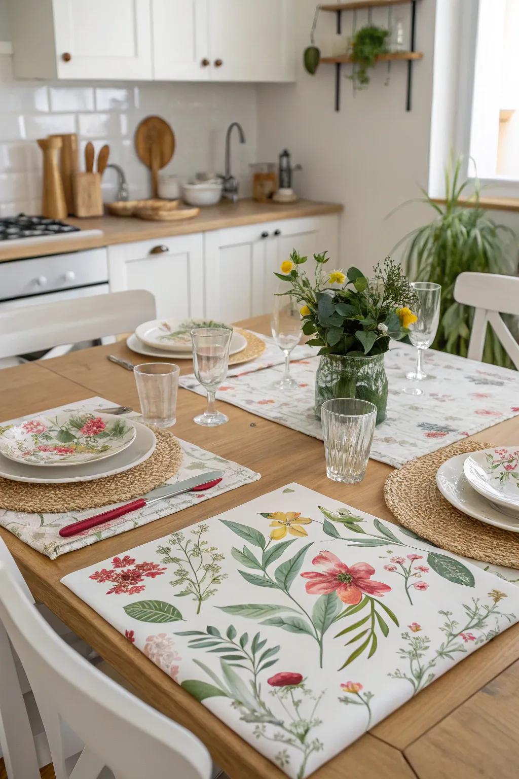 Nature-inspired placemats infuse a fresh, blooming ambiance into your dining space.