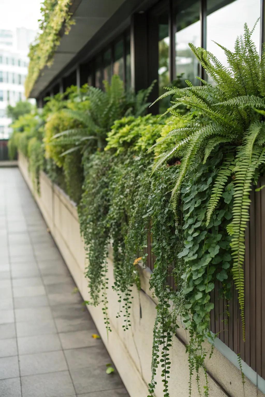 An assortment of upright and draping plants fashions an engaging vista on this ledge.