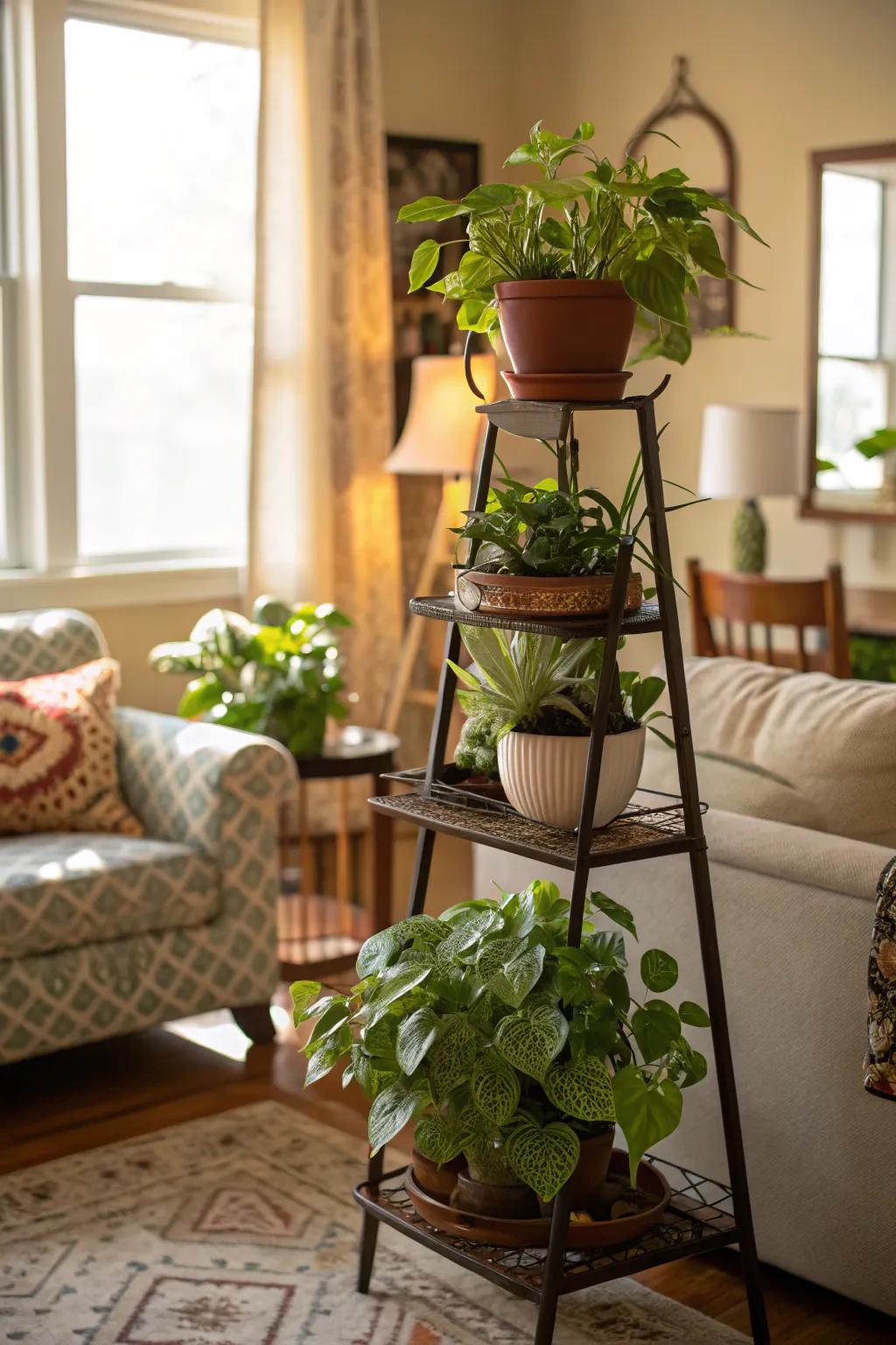 Take advantage of verticality with tiered plant stands.