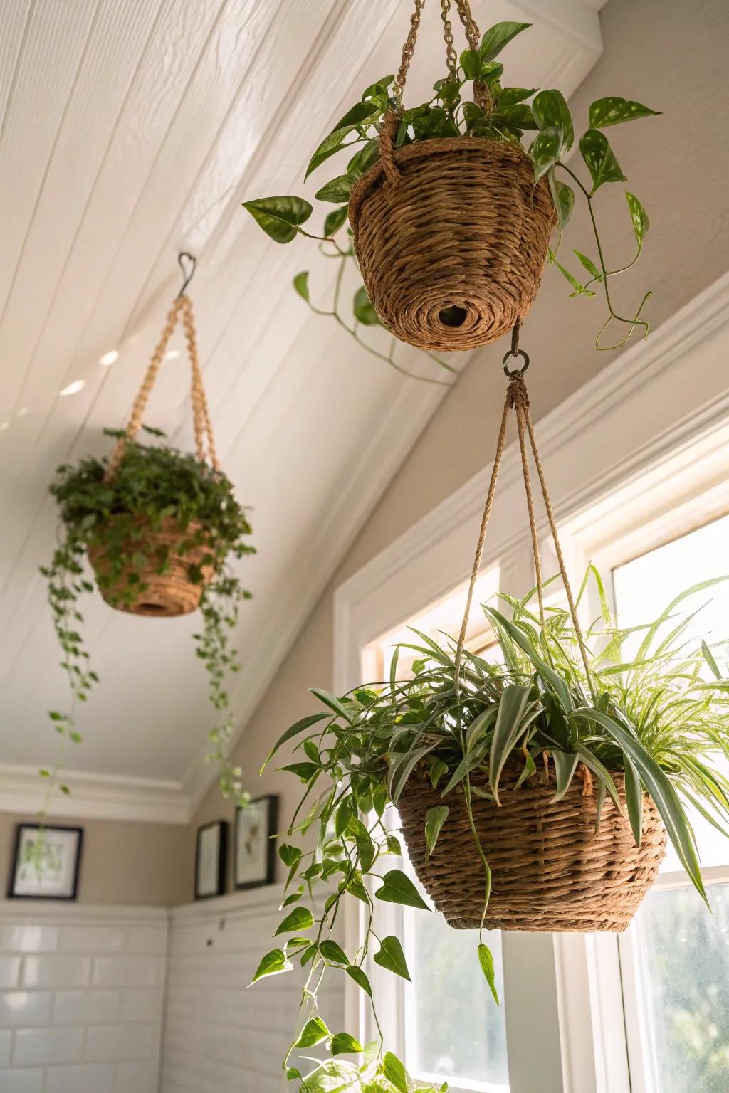 Bring a vertical dynamic using suspended plants that flourish in damp settings.