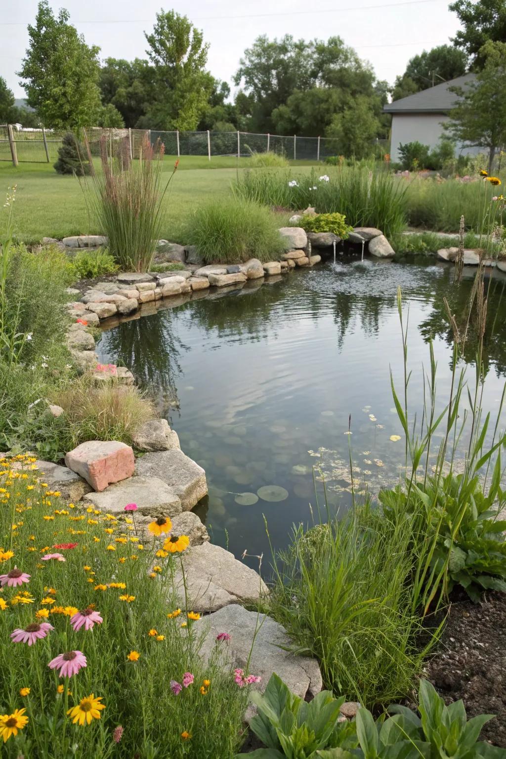 A pond bordered with natural stones, effortlessly merging into the garden setting.
