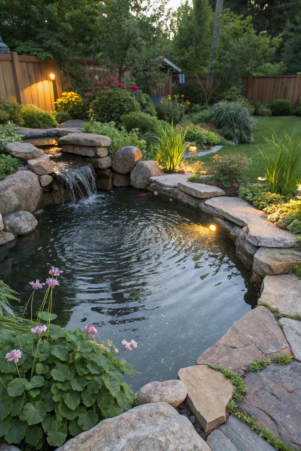 A backyard pond beautifully edged with rocks in their natural state.