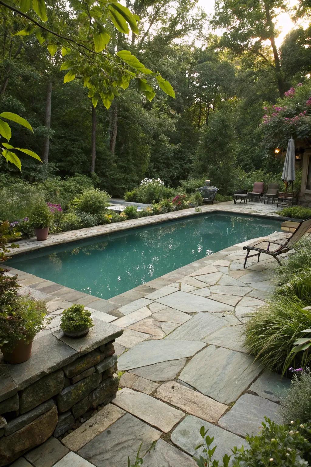 Earth stone decks offer grace and resilience for any pool area.