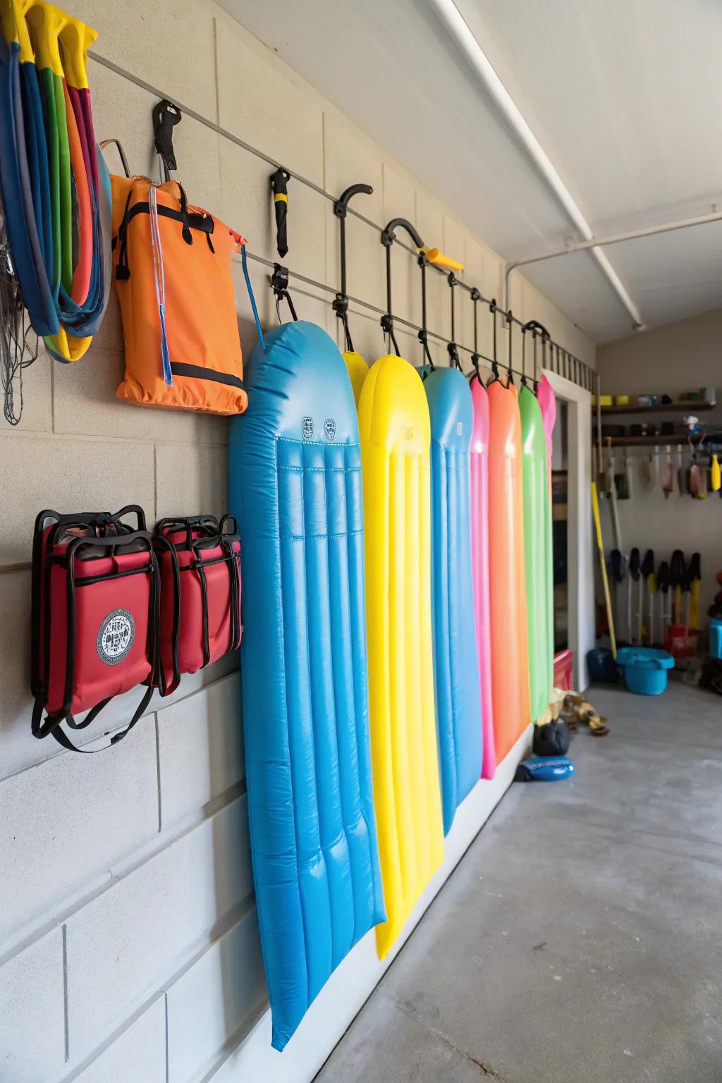 Pool floats organized on wall racks, clearing up garage space.