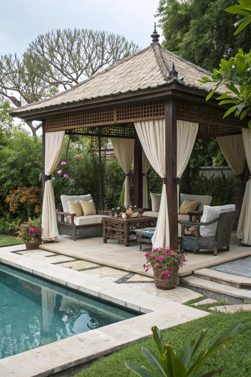 An open-air structure integrates perfectly with the poolside setting.