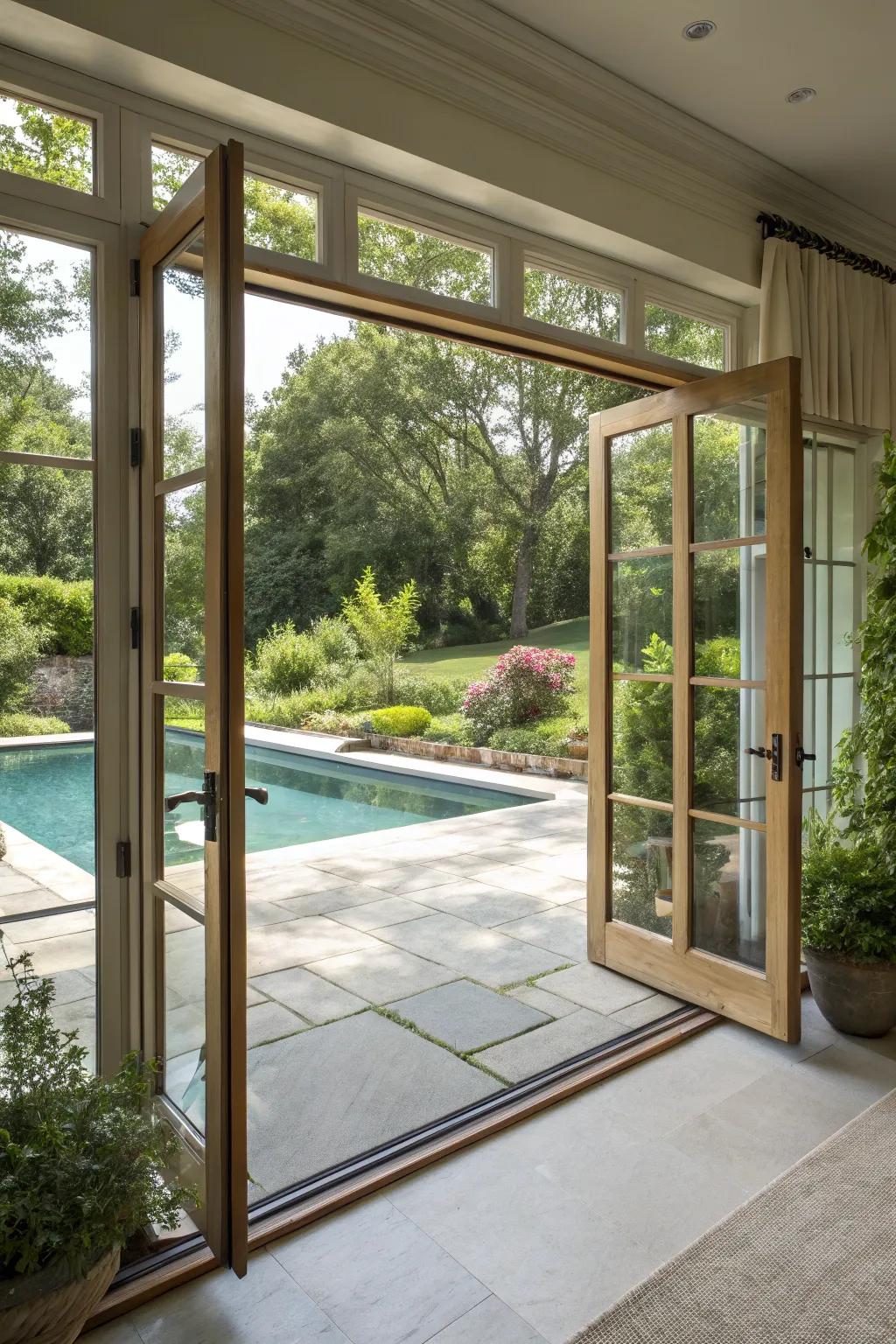 A spacious pool house featuring large windows and a seamless transition between indoor and outdoor areas.