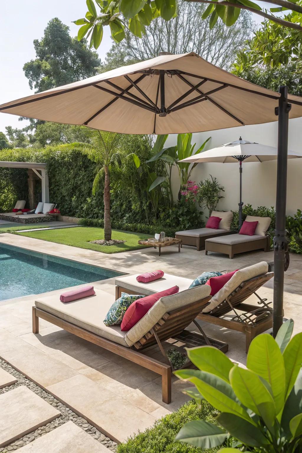 Craft a cozy lounge spot by the pool featuring opulent seating.