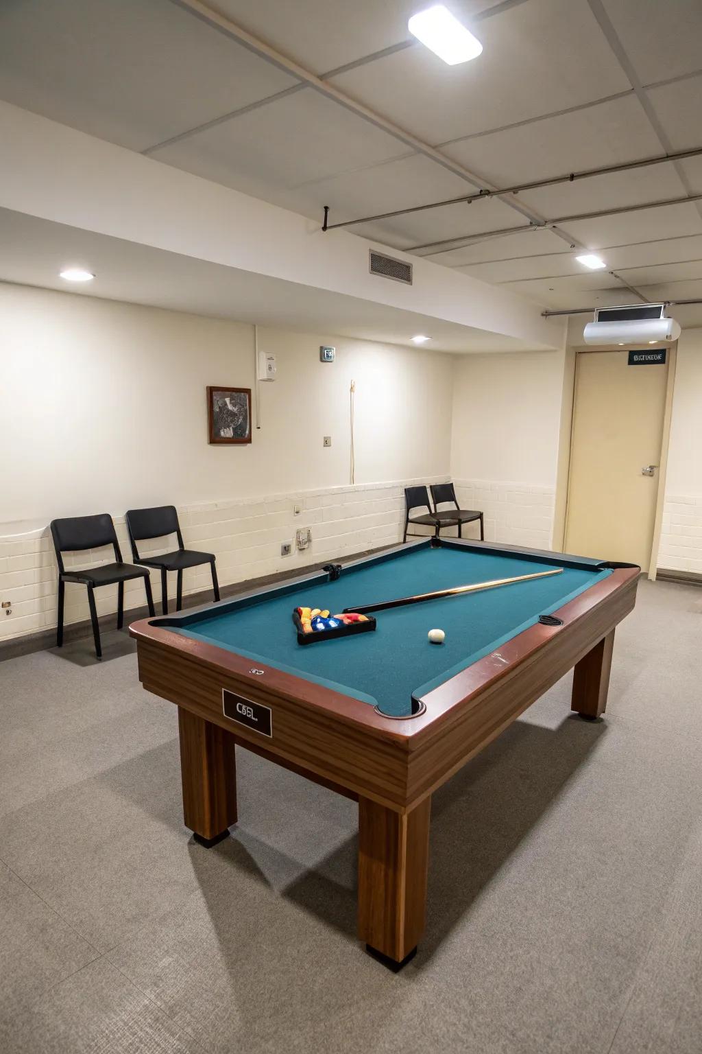 A compact 7-foot pool table fits perfectly in a small room, maximizing space and style.